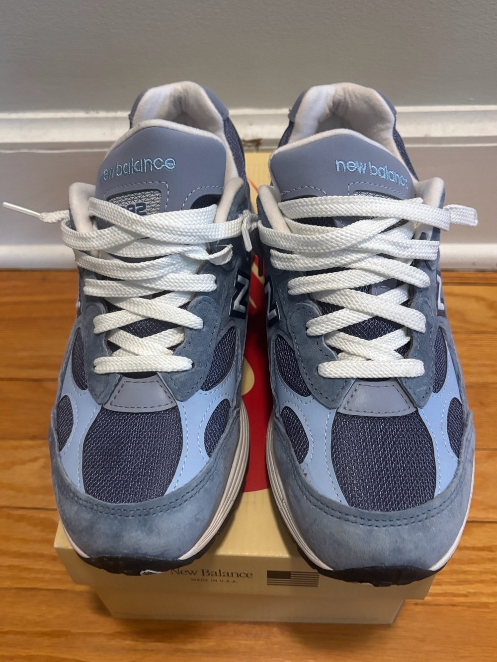 New Balance 992 Grey & Blue Suede Mesh Sneakers - Picture 2 of 10